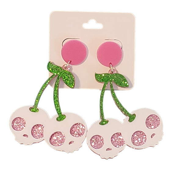 Cherry Skull Acrylic Dangle Earrings Pastel Goth Kawaii - Picture 1 of 5